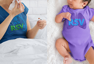 Shirt with “Is it RSV?” on an adult Shirt with “RSV” on an infant